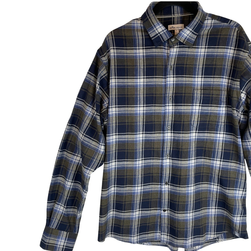 Peter Millar Mens Plaid‎ Long Sleeve Button Down Shirt Large Cotton Blue Brown